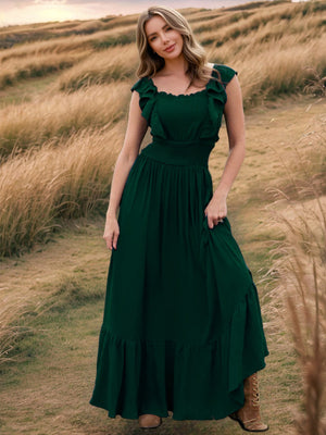 Ruffle Off-shoulder Neckline Waist Shaping Vacation Style Maxi Dresses