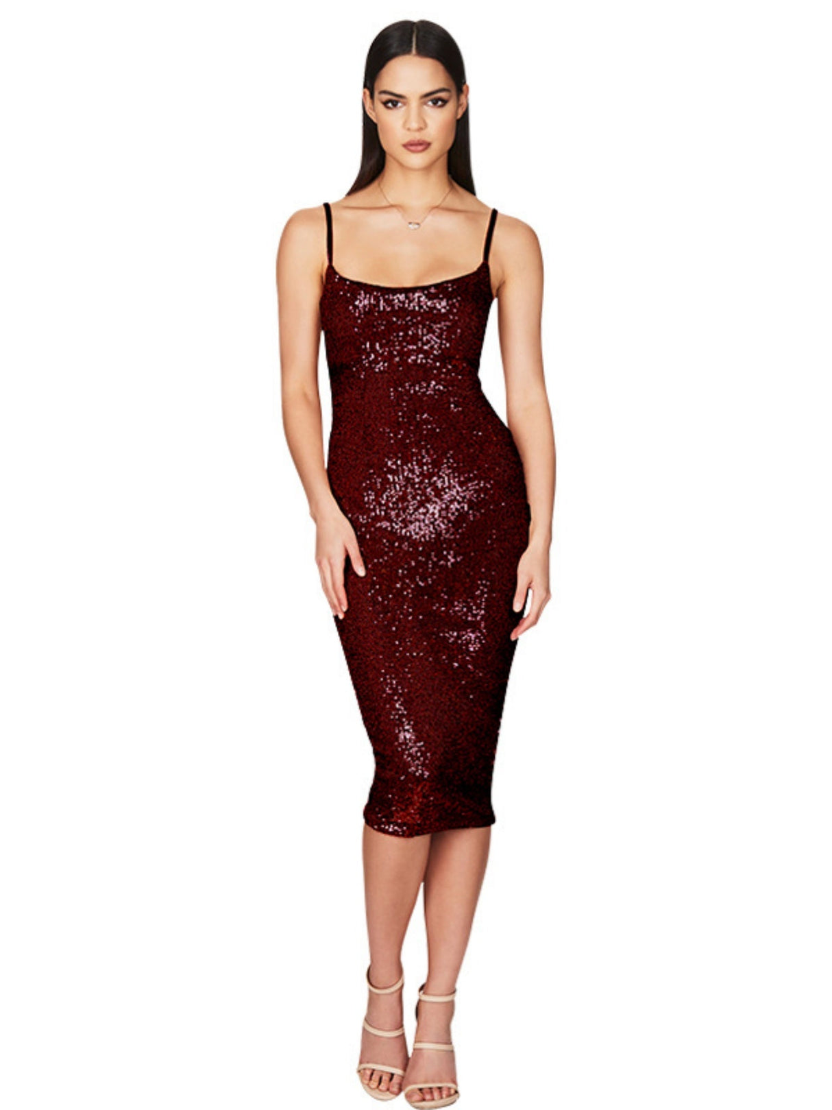 Sequins Spaghetti Strap Backless Slim Fit Hip Body Midi Dresses