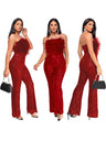 Sleeveless Backless Sequined Feather Flared Leg Jumpsuit