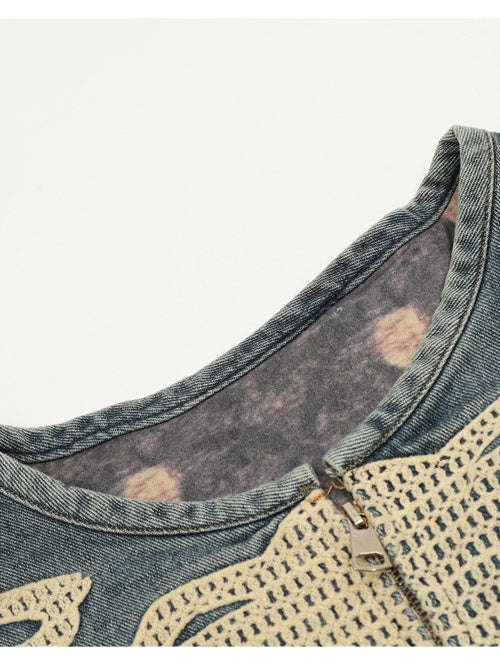 Old Skeleton Denim Shirt Washing Embroidery Knitted Cardigan Jacket