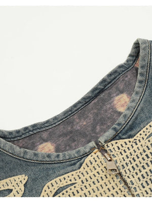 Old Skeleton Denim Shirt Washing Embroidery Knitted Cardigan Jacket