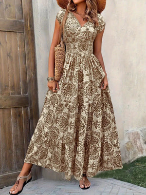 Floral Print V-neck Short Sleeve Large Skirt Maxi Dresses