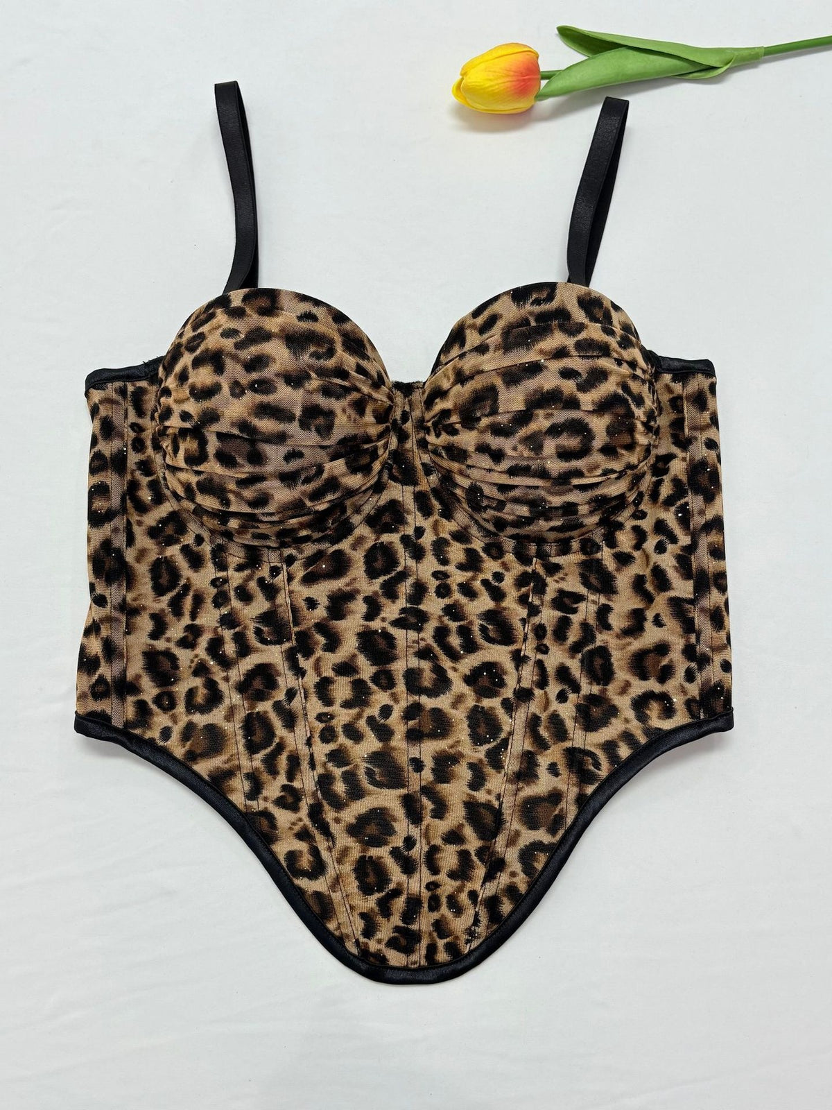 Leopard Print Rhinestone Fishbone Waist-cinching Halter Top