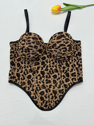 Leopard Print Rhinestone Fishbone Waist-cinching Halter Top