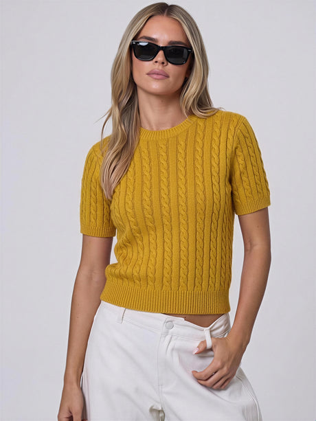 100% Wool Crew Neck Cable Knit Short-Sleeve Pullover Sweater