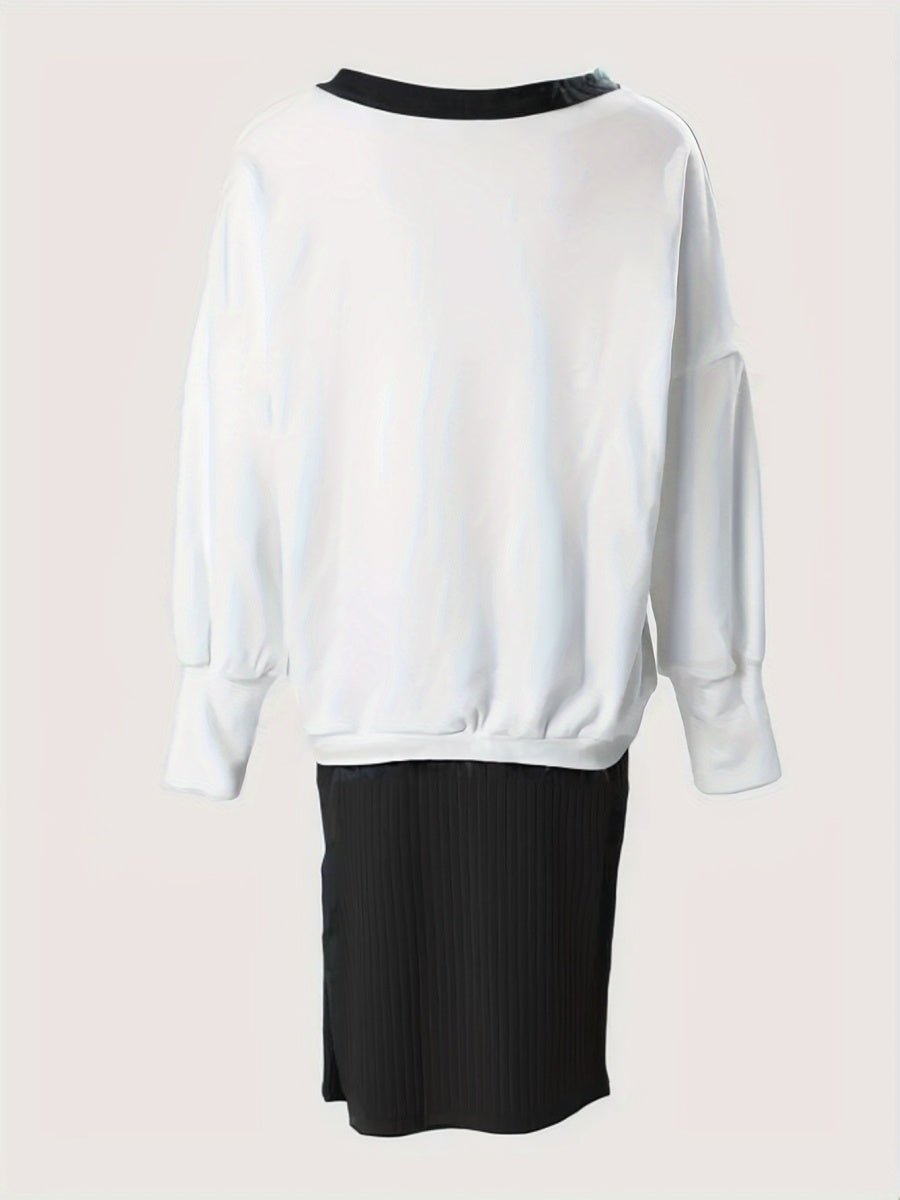 Loose-fit V-neck Sweatshirts&Hoodies Hip-hugging Slit Skirt Set 2-piece Sets
