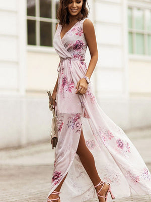 Wrap-up V-neck Bandage Slit Vacation And Leisure Maxi Dresses