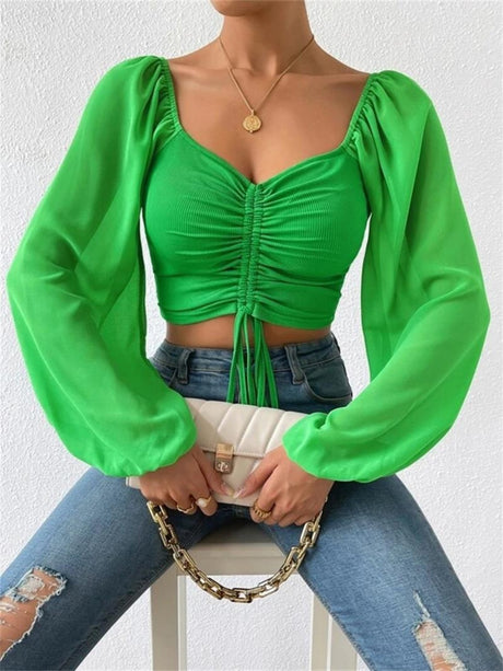 V-neck Spliced Chiffon Drawstring Lantern Sleeves Sweet T-shirts