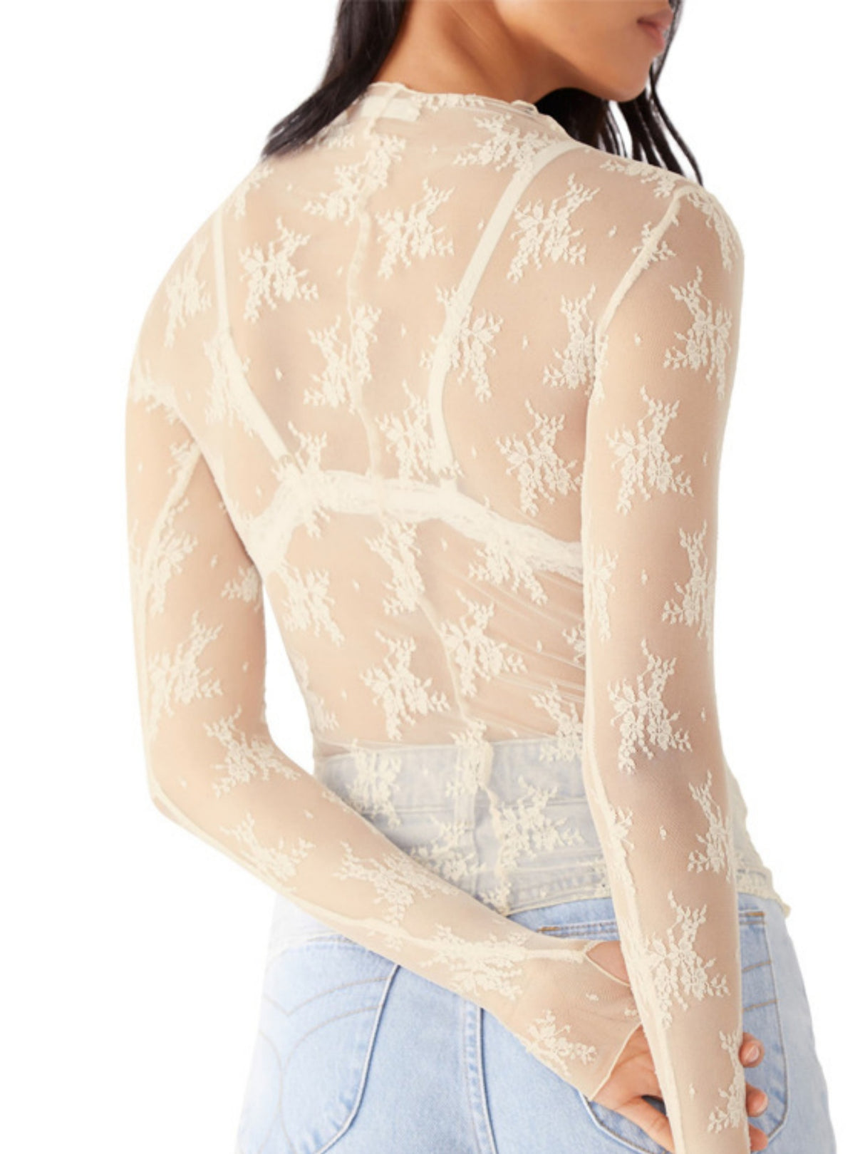 Lace See-through Sexy Mesh Mock Neck Long-sleeved Top