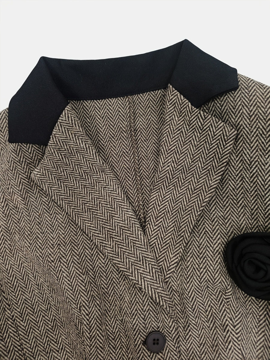 Herringbone Fabric Flower Brooch Commuting Women's Blazers
