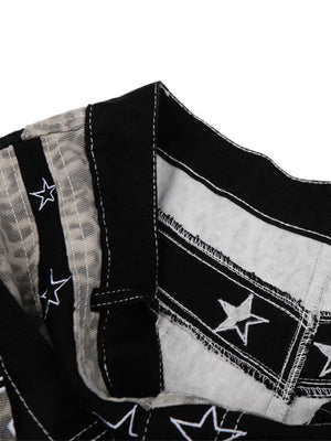 Retro Leopard Print Work Clothes Color-blocked Embroidery 7 Points Jeans