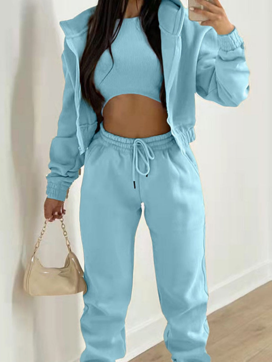 Solid Color Minimalist Hooded Sweatshirt And Casual Sports Pants 3-piece Sets