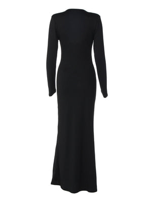 V-neck Black Lace Long Sleeve Pleated Tight Fit Formal Evening Long Dress