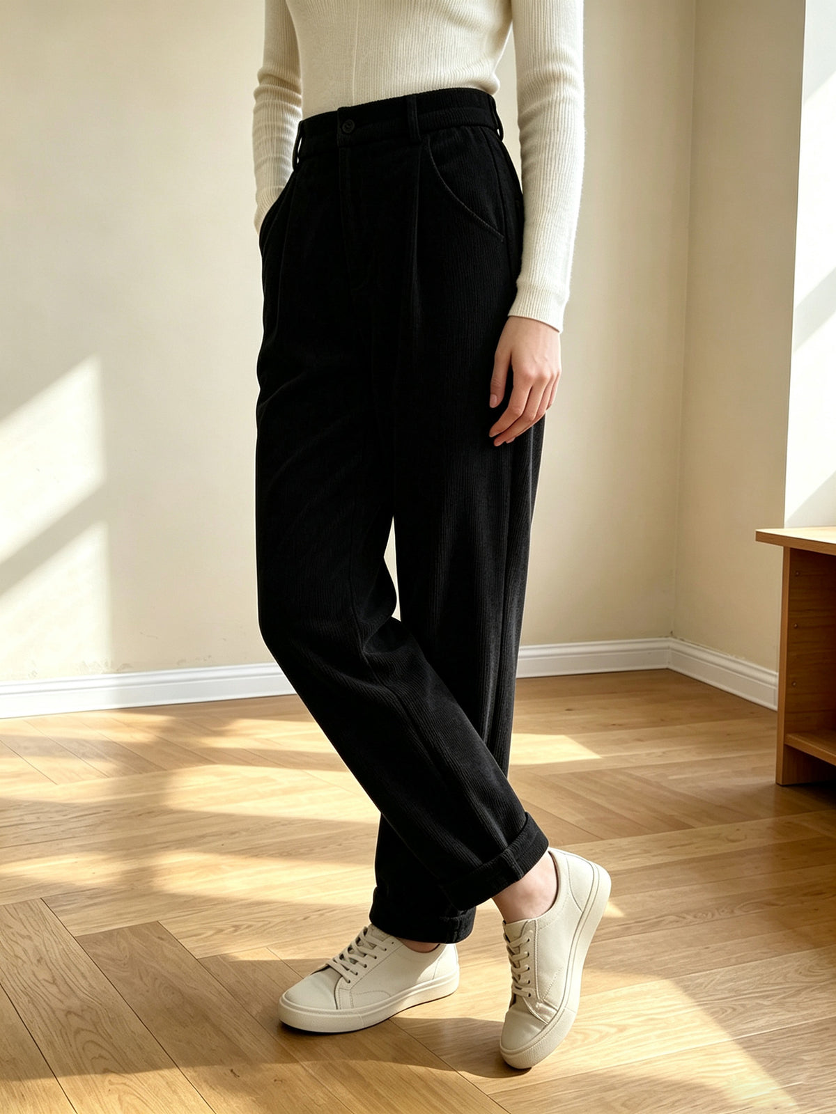 Retro-style Corduroy High-waisted Pocket Casual Trousers