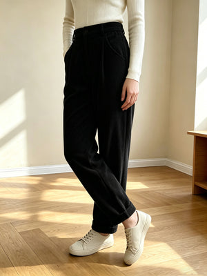 Retro-style Corduroy High-waisted Pocket Casual Trousers