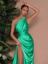 One-shoulder Satin Style Sexy Slit Dinner Party Long Dress