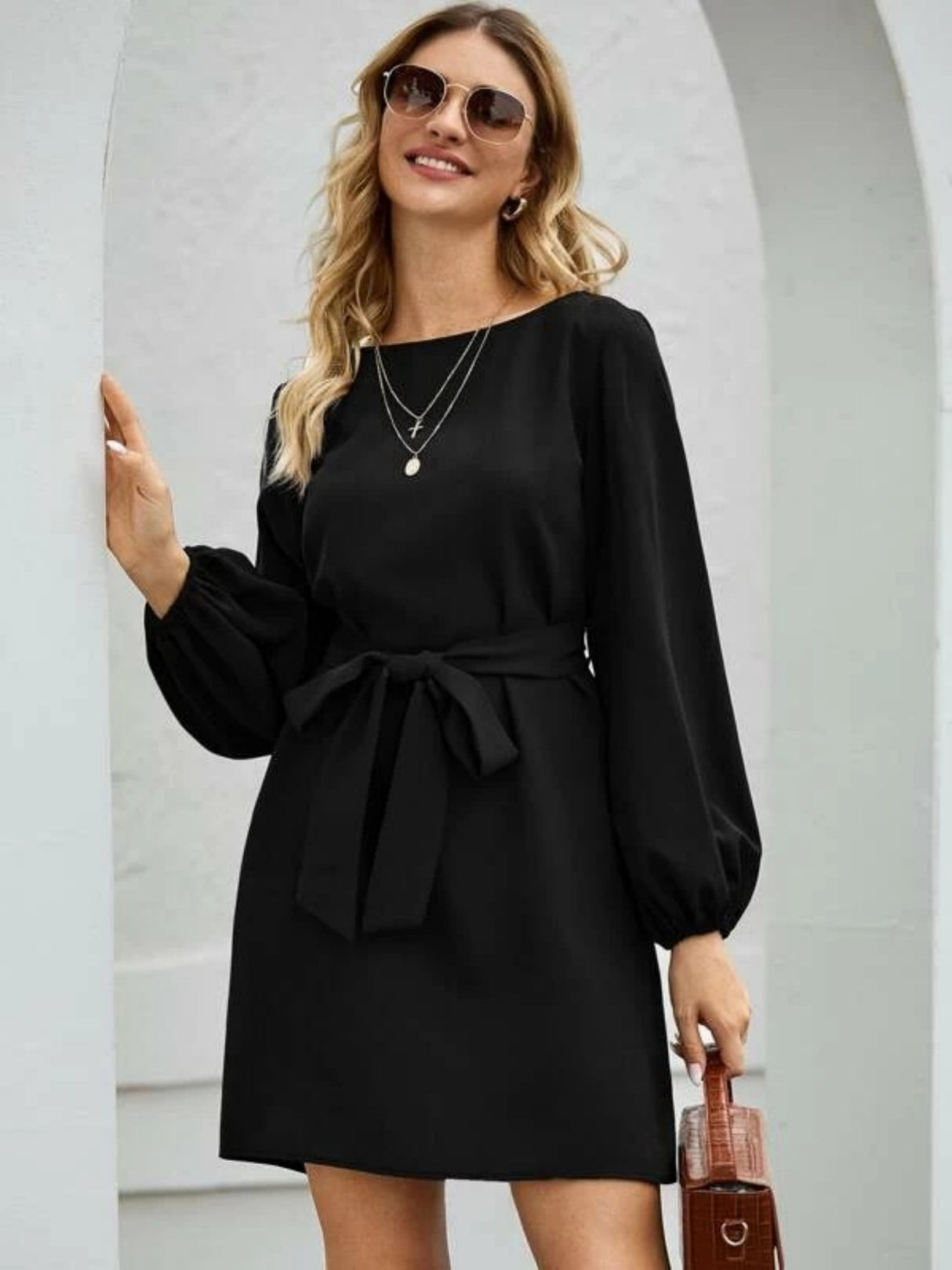 Balloon Sleeve Round Neck Tie High-waisted And Slimming Midi Dresses