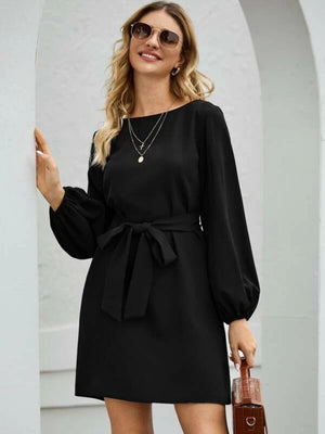Balloon Sleeve Round Neck Tie High-waisted And Slimming Midi Dresses