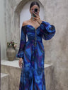Crimp Long Sleeve Floral Printed Reunion Maxi Dresses
