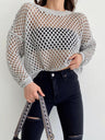 Hollow Out Round Neck With Bell Sleeves Knitted Cover-up