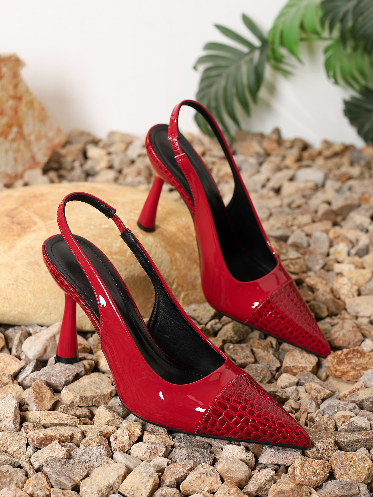 Pointed-toe Embossed Patchwork Open-back High Heels