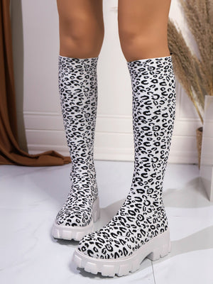 Leopard Print Knee-high Boots, Women's Sock Boots