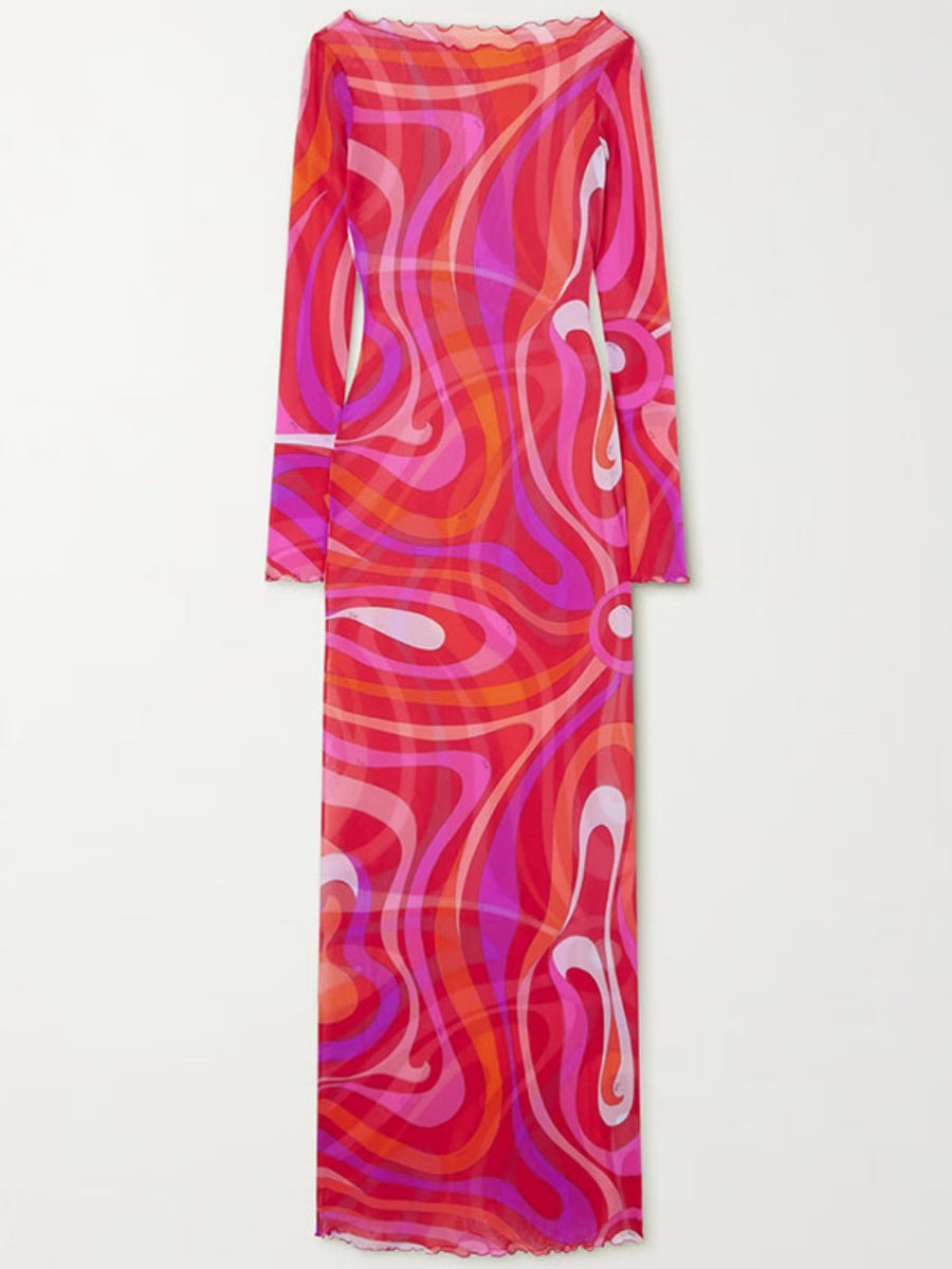 Gauze Printed Perspective Long Sleeve Maxi Dresses