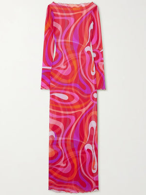 Gauze Printed Perspective Long Sleeve Maxi Dresses
