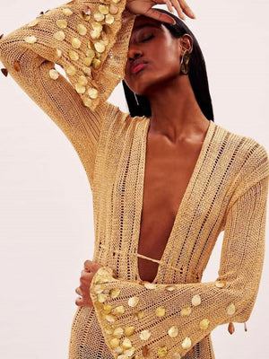 V-neck Waist-cinching Belt Sequins Knitting Maxi Dresses