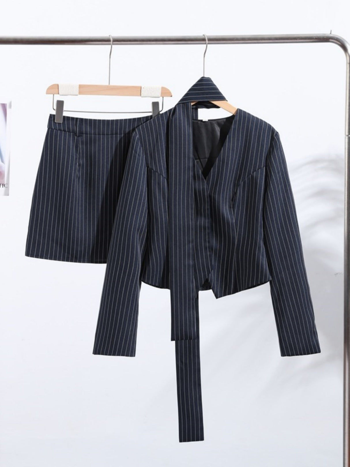 Buttons Stripes V-neck Blazer And Skirt Commuter Scarf 2-piece Sets