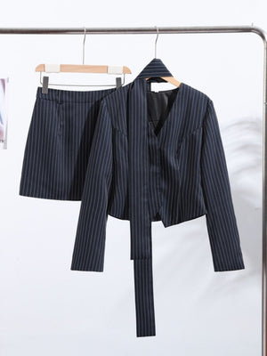 Buttons Stripes V-neck Blazer And Skirt Commuter Scarf 2-piece Sets