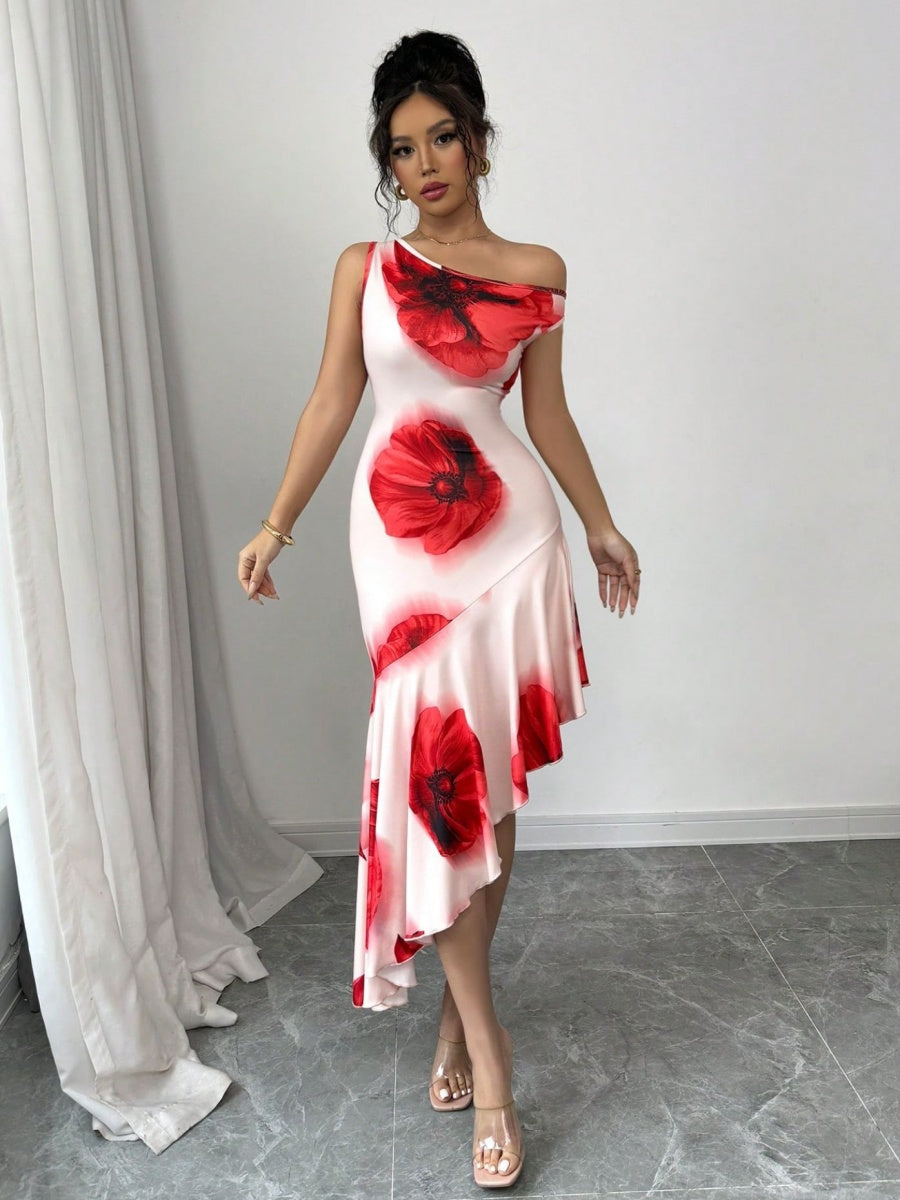 Asymmetrical Fitted Hibiscus Floral Print Long Dress