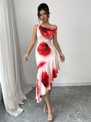 Asymmetrical Fitted Hibiscus Floral Print Long Dress