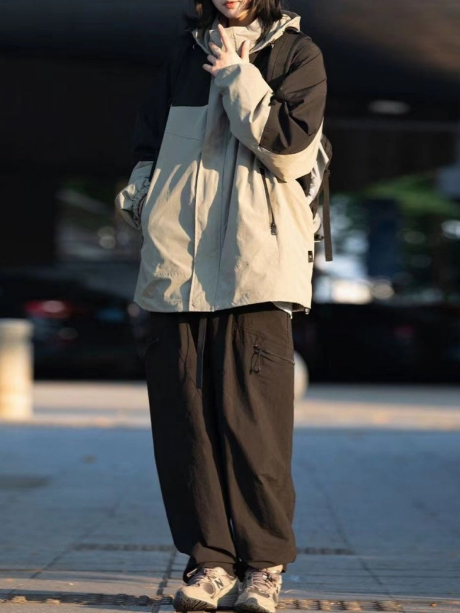 Workwear Style Color Matching Zipper Hooded Coat