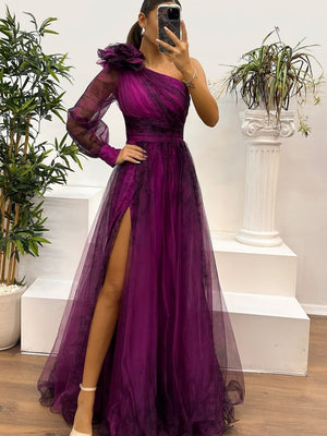 Sloping Shoulders Mesh Printed Reunion Maxi Dresses