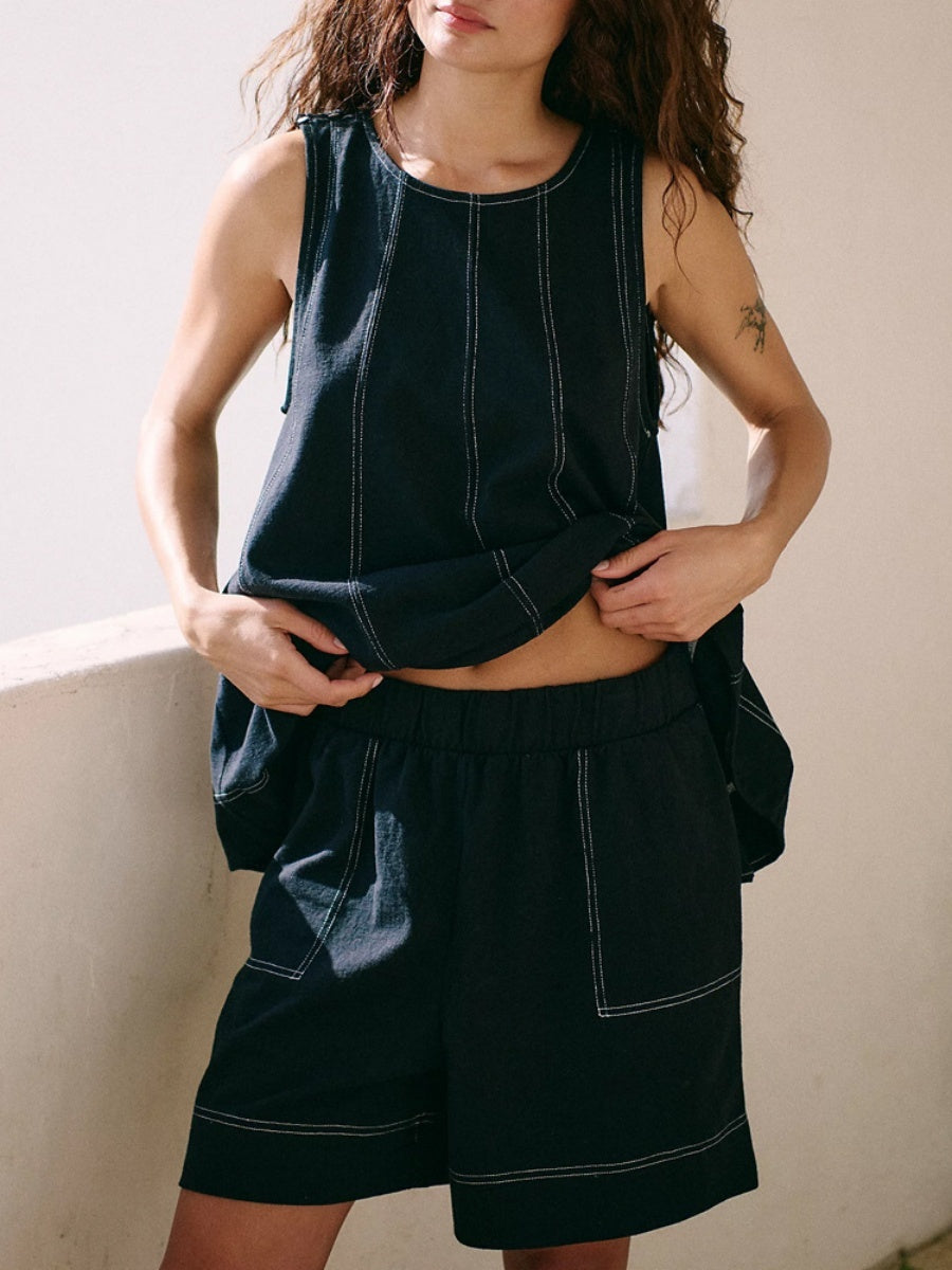 Pocket Sleeveless Tank Tops Shorts Denim Set 2-piece Sets