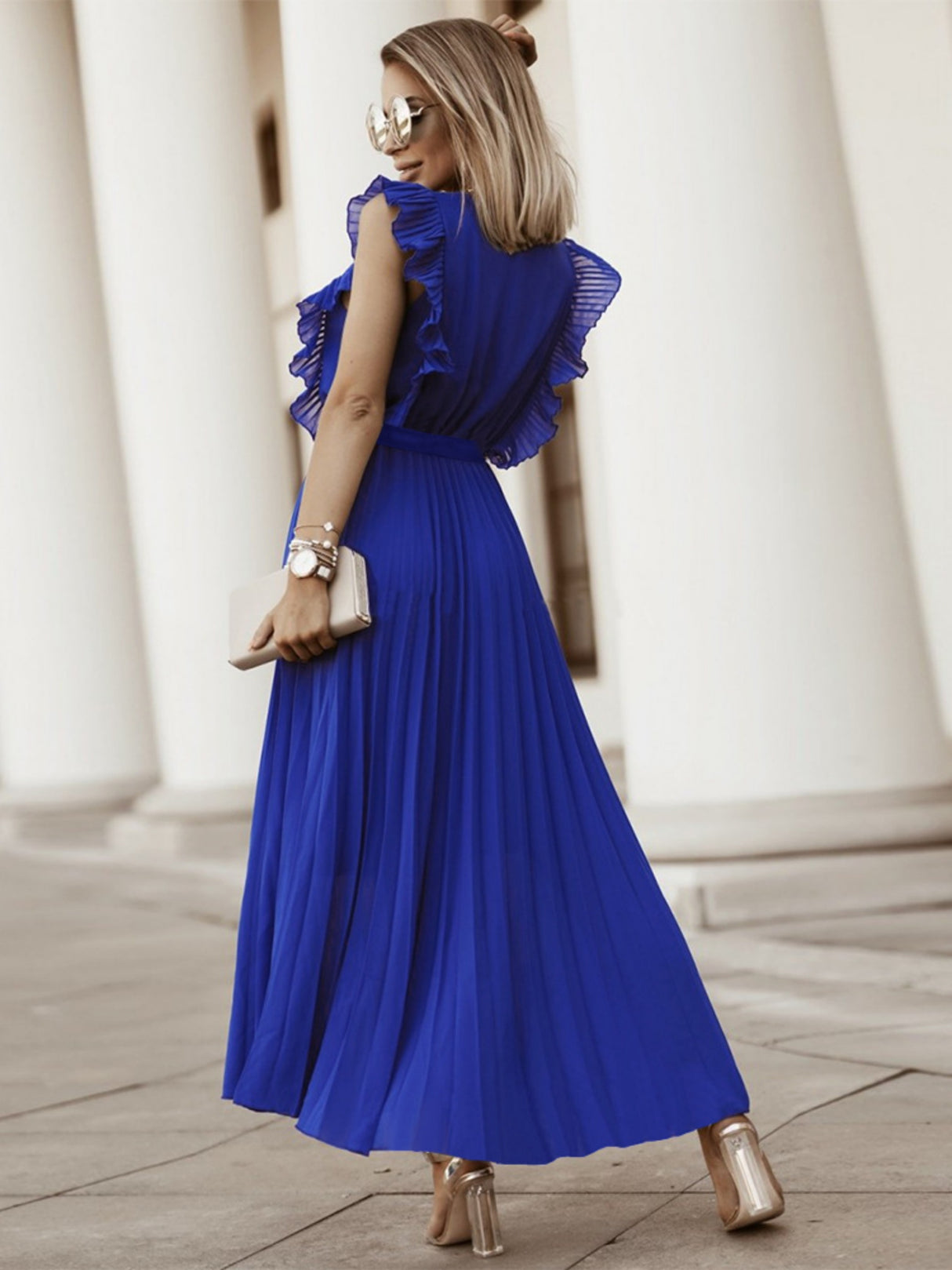 Lotus Leaf Sleeves Bow Chiffon Pleats Vacation Style Maxi Dresses