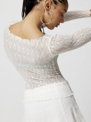 Lace See-through Wavy Edge Off-the-shoulder Neckline Long-sleeved Top