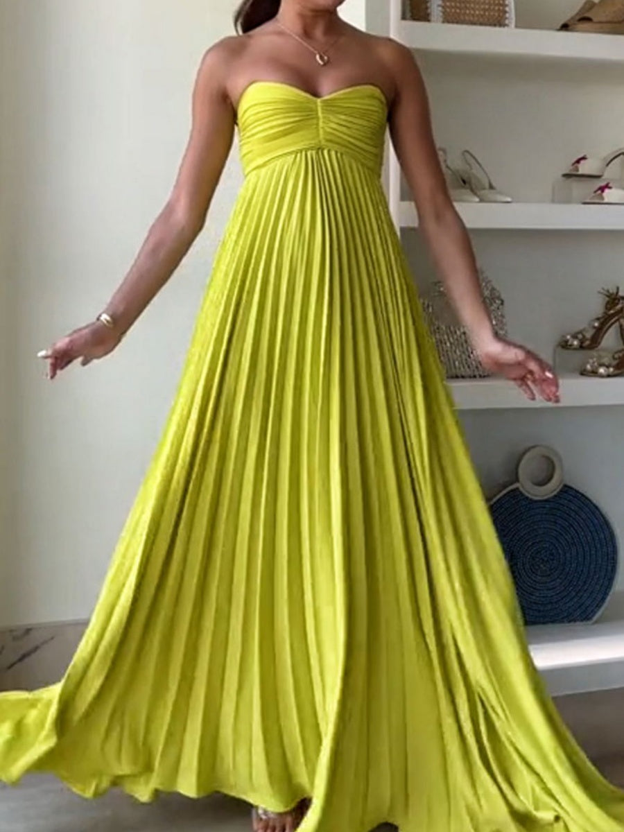 Liber Summer Women's Pleated Solid Color Tube top Maxi Dresses