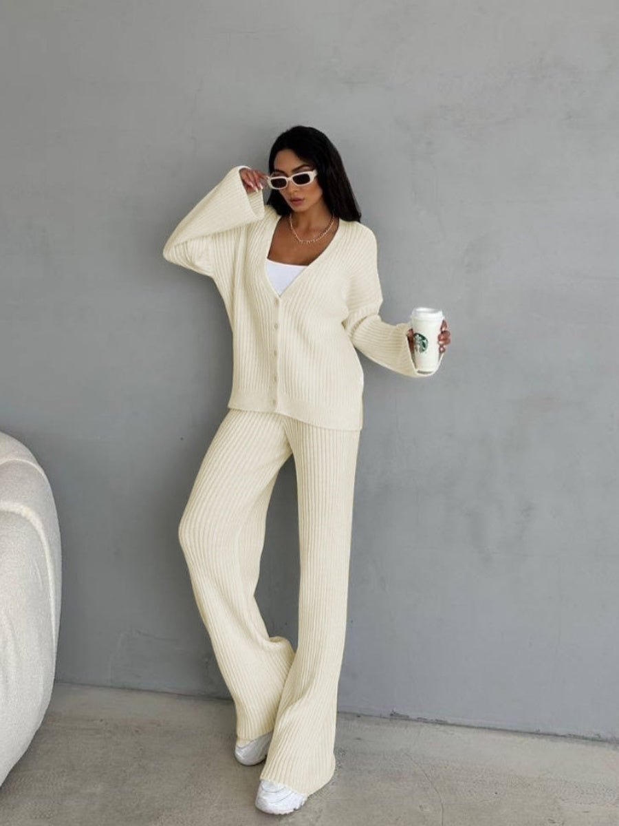 Leisure Solid Color Long Sleeve Buttons Sweaters Cardigans Pants Two-piece Suit