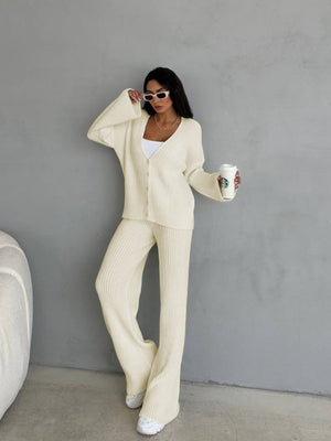 Leisure Solid Color Long Sleeve Buttons Sweaters Cardigans Pants Two-piece Suit