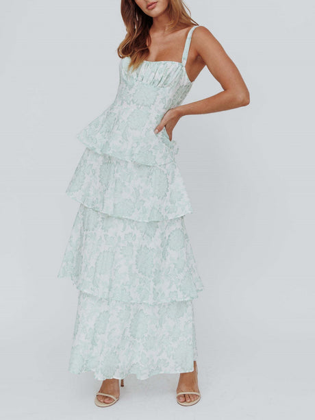 Floral Print Pleats On Suspenders Maxi Dresses