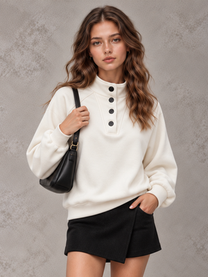 Women's Autumn/Winter Solid Color Stand Collar Button-Up Long Sleeve Sweatshirt