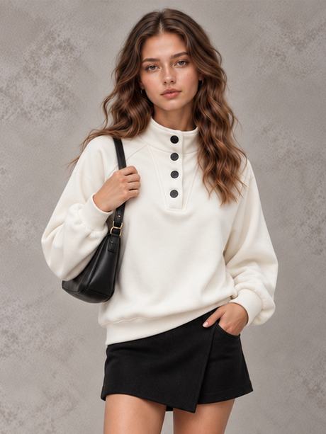 Women's Autumn/Winter Solid Color Stand Collar Button-Up Long Sleeve Sweatshirt