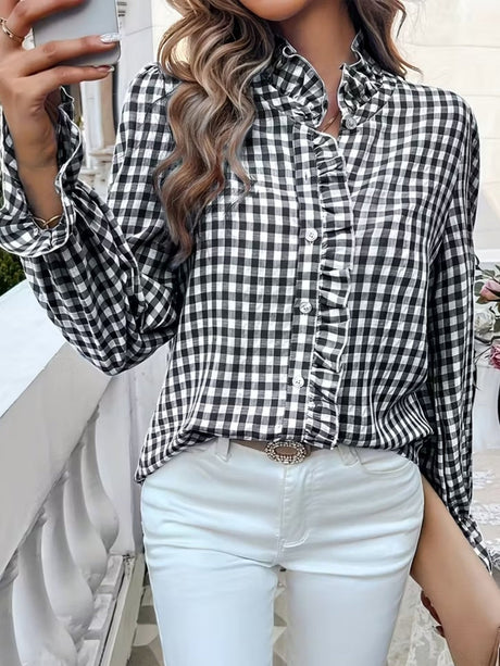 Stripes Ruffle Puff Sleeve Commuting Shirts