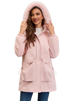 With Fur Collar Hooded For Warmth Drawstring Pocket Down Jacket