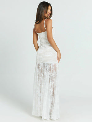 Lace Patchwork Chest Pleats Slip Dress Hot Girl With Exposed Back And Slit Mesh Maxi Dresses