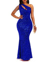 Sequins One-shoulder Backless Fish Tail Evening Gown Maxi Dresses