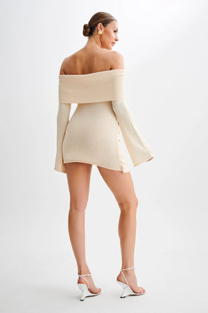 Off-the-shoulder Long-sleeved Tie-up Short Knit Dress