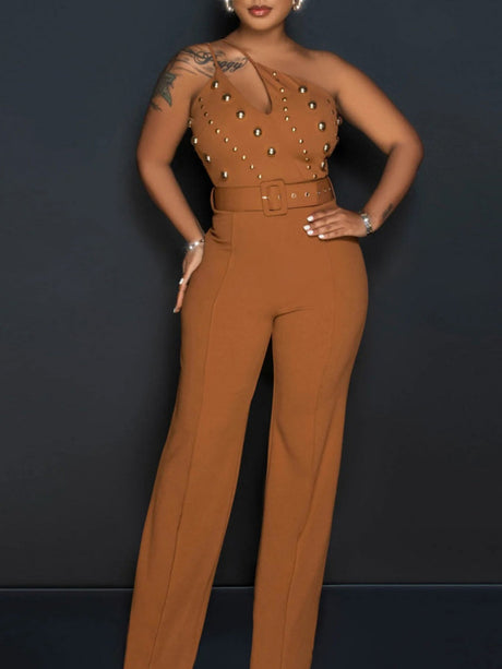 One-shoulder Asymmetrical Neckline Hollow Out Metal Buckle Sleeveless Jumpsuits